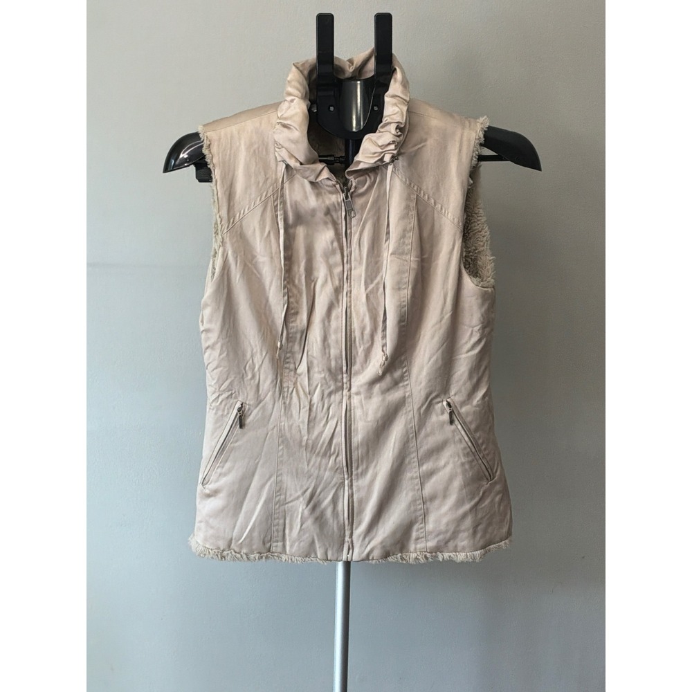 Faux Fur Lined Vest Women XS Tan Ruffle Neck Coquette Cottagecore Y2K